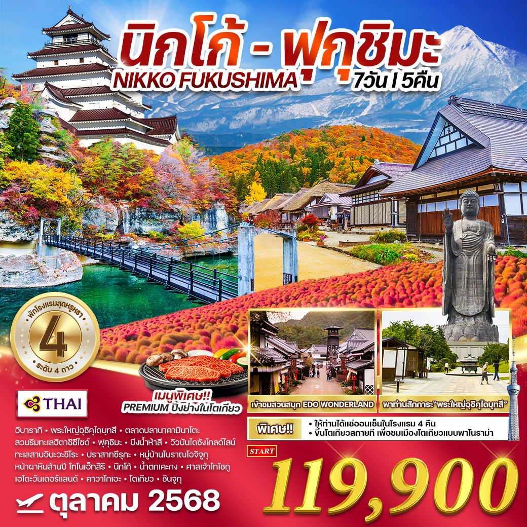 ทัวร์ญี่ปุ่น  นิกโก้ - ฟุกุชิมะ แช่ออนเซ็นโรงแรม   7วัน 5คืน  (TG)