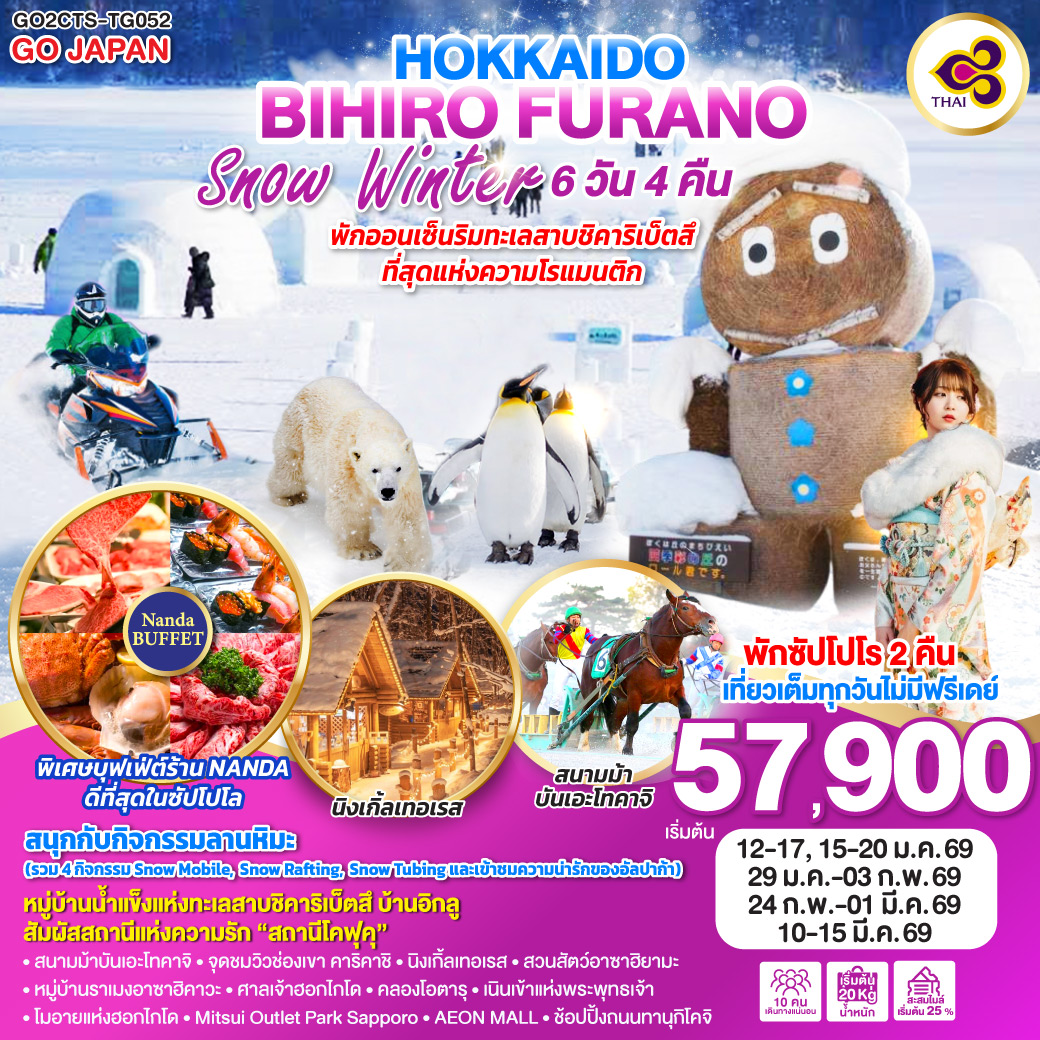 ทัวร์ญี่ปุ่น HOKKAIDO BIHIRO FURANO SNOW WINTER 6วัน 4คืน (TG)