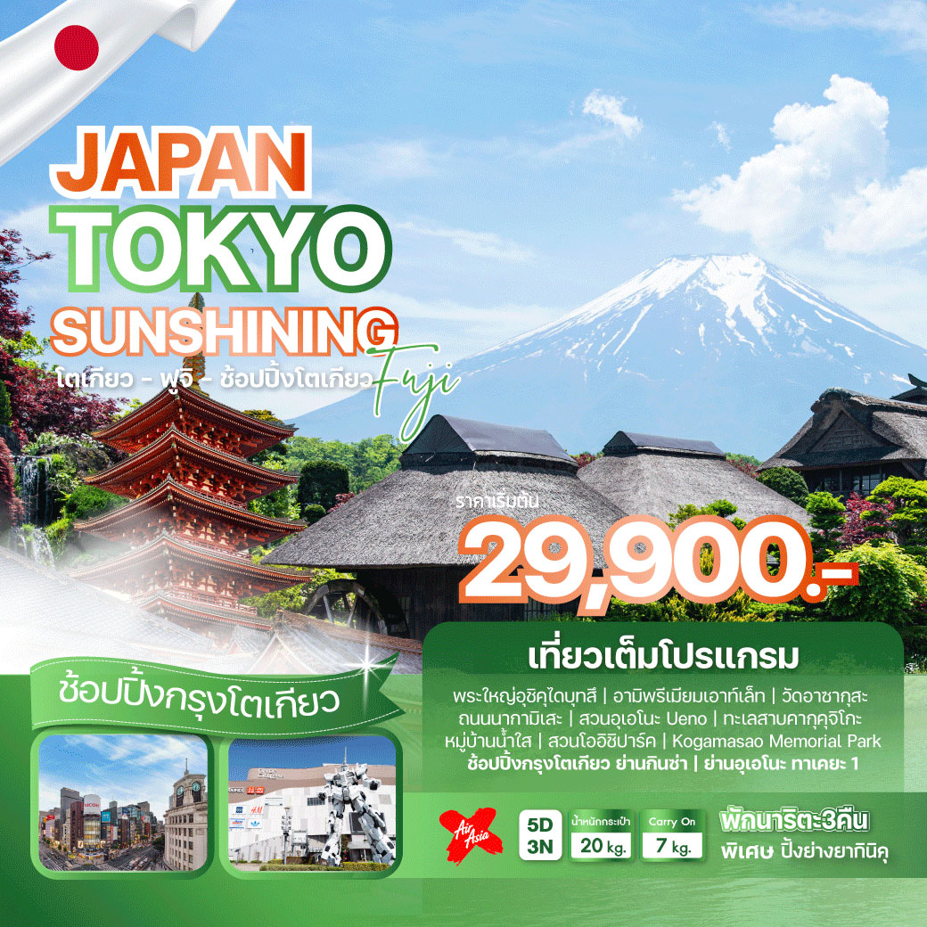 ทัวร์ญี่ปุ่น JAPAN TOKYO SUNSHINING FUJI 5วัน 3คืน (XJ)