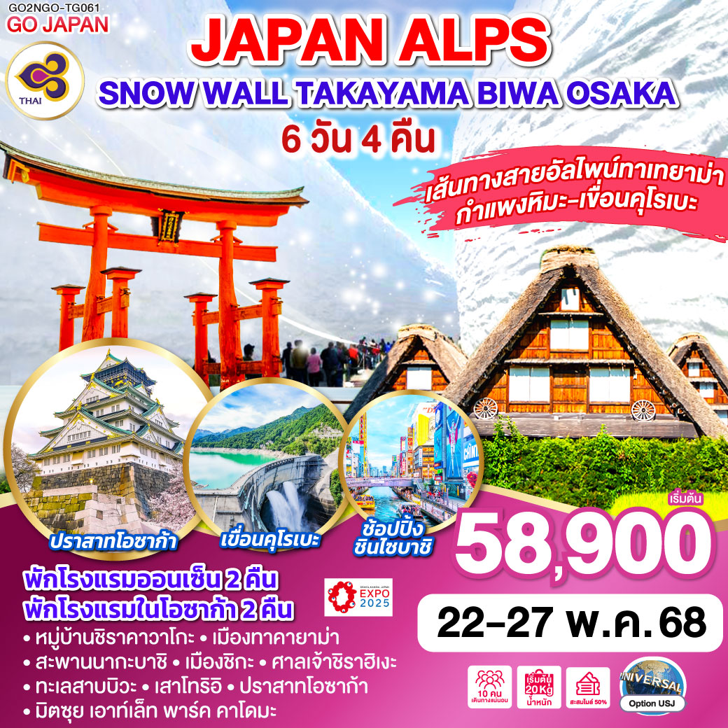 ทัวร์ญี่ปุ่น JAPAN ALPS SNOW WALL TAKAYAMA OSAKA 6วัน 4คืน (TG)