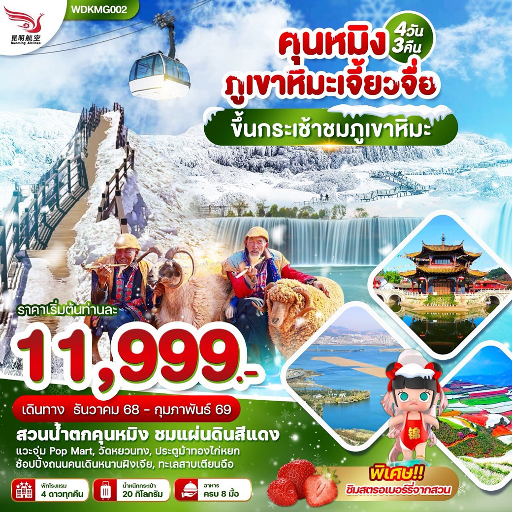 ทัวร์จีน คุนหมิง ภูเขาหิมะเจียวจื่อ ขึ้นกระเช้าชมภูเขาหิมะ 4วัน 3คืน (KY)