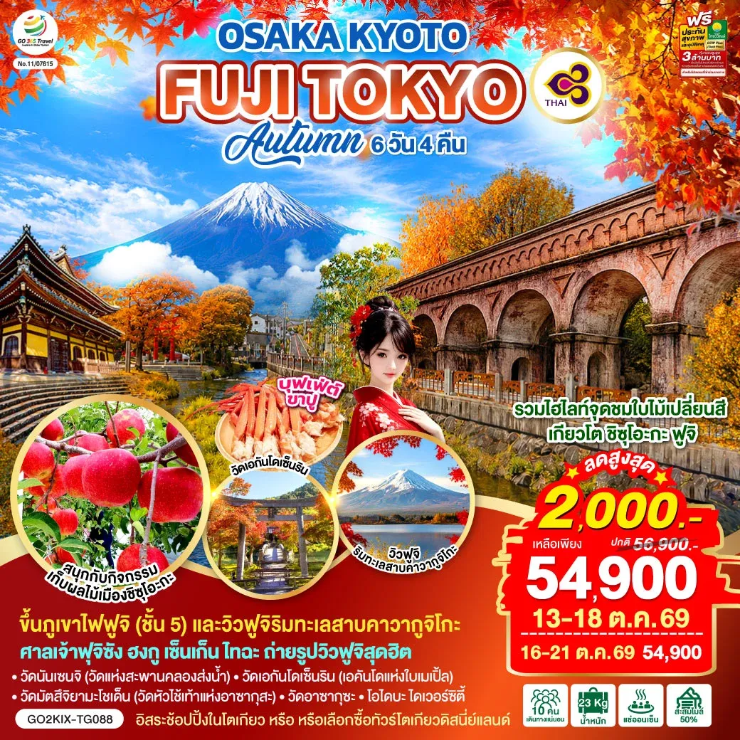 ทัวร์ญี่ปุ่น OSAKA KYOTO FUJI TOKYO  AUTUMN FRUIT PARK 6วัน 4คืน (TG)